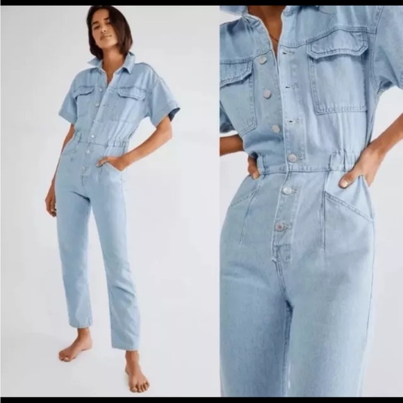 FREE PEOPLE x We The Free Marci Denim Jumpsuit in Clear Skies, Size Medium - Picture 1 of 11